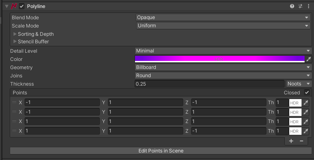 Polyline properties drawer in the Unity editor